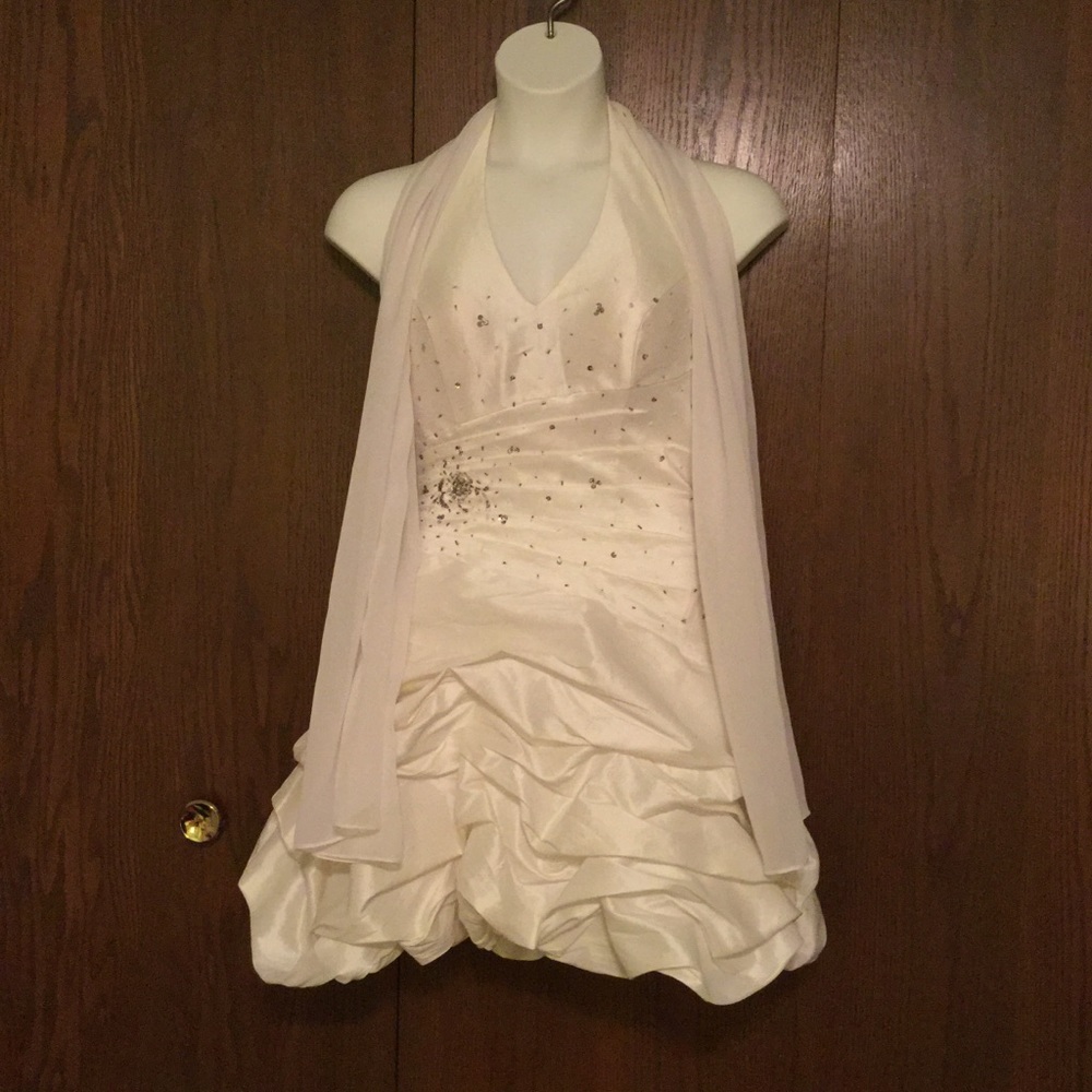 White Halter Formal Dress with Silver Accents